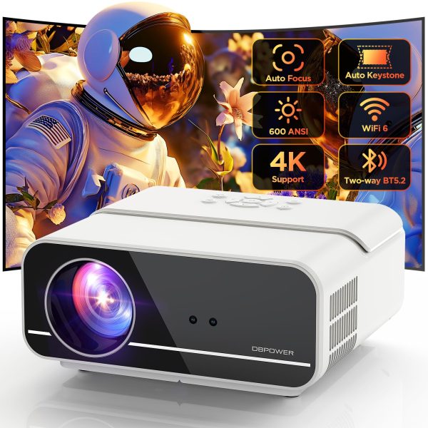 [Auto Focus Keystone] DBPOWER Projector 4K with 5G WiFi and Two-Way Bluetooth, 600ANSI FHD Native 1080P Outdoor Movie Projector with 4P4D PPT Zoom, Mini Home Projector Compatible w TV Stick (White) Online Sale